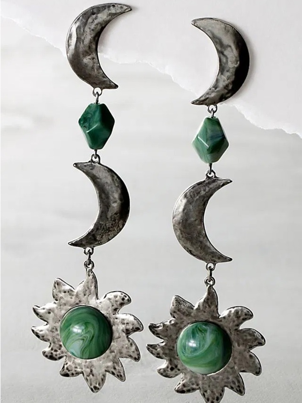 Free People Bohemian Sun & Moon Drop Earrings with Green Stone